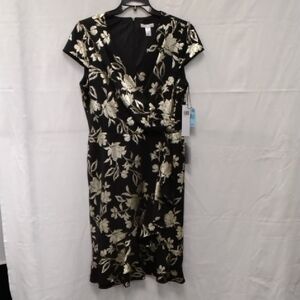London Times Black Dress with Gold Floral Design